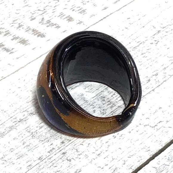Glass Ring Dome Style Oversized Chunky Black Brown Size 7 - Picture 3 of 4